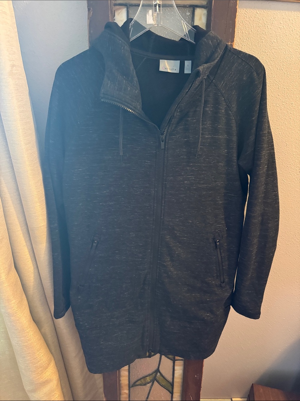 Athleta Stronger BlackGray Heathered Full-Zip Hooded Long Jacket